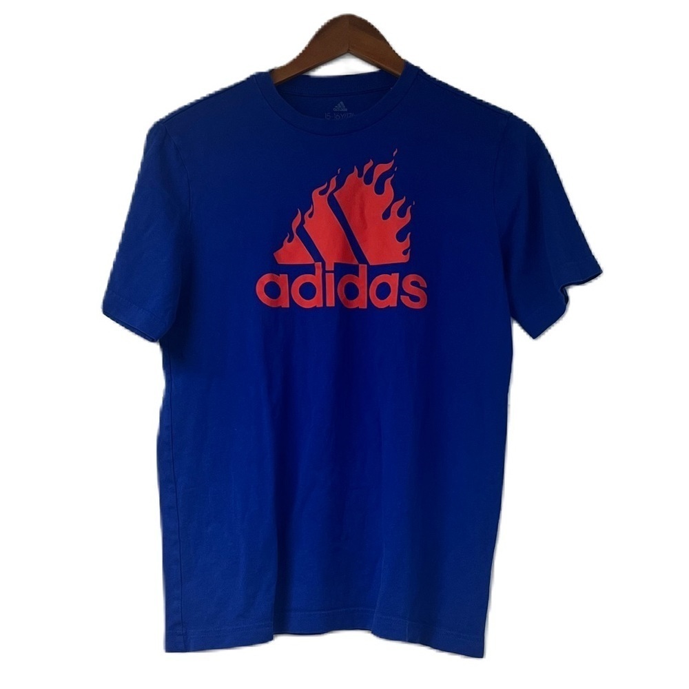 Adidas Boys 15/16Y Blue Orange Fire logo Short sleeve graphic logo tee sporty